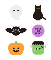 Set of cute character icons for Halloween day concept of autumn season. Ghost, cat, bat, pumpkin, monster.