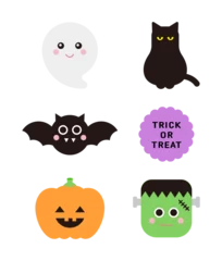 Fotobehang Set of cute character icons for Halloween day concept of autumn season. Ghost, cat, bat, pumpkin, monster. © Tuesday04