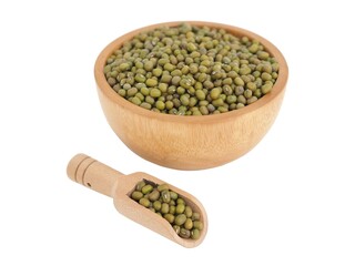 Mung beans in wooden bowl and scoop on white background. Closeup photo, blurred.