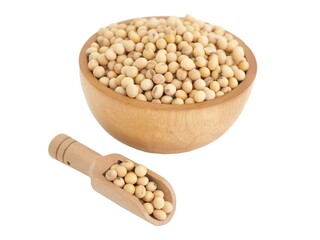 Soybeans in wooden bowl and scoop on white background. Closeup photo, blurred.
