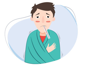 illustration of man sick with fever using blanket and thermometer in mouth. fever sick man icon