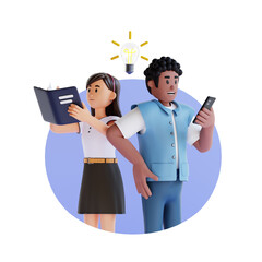 Teenagers get ideas while reading books and using cell phones 3d character illustration