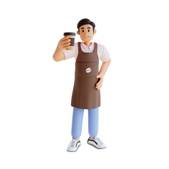 male barista standing while holding a cup of coffee 3d character illustration