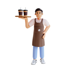 male barista carrying two cups of coffee a customer ordered 3d character illustration