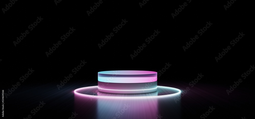 Aufkleber 3D rendering Neon display Stand Products Colored luminous geometric Podium  shape on a black background ,pink blue Velvet Violet neon light  dark space, ultraviolet spectrum