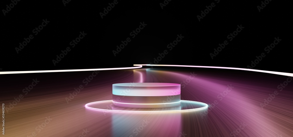 Poster 3d rendering neon display stand products colored luminous geometric podium shape on a black backgrou