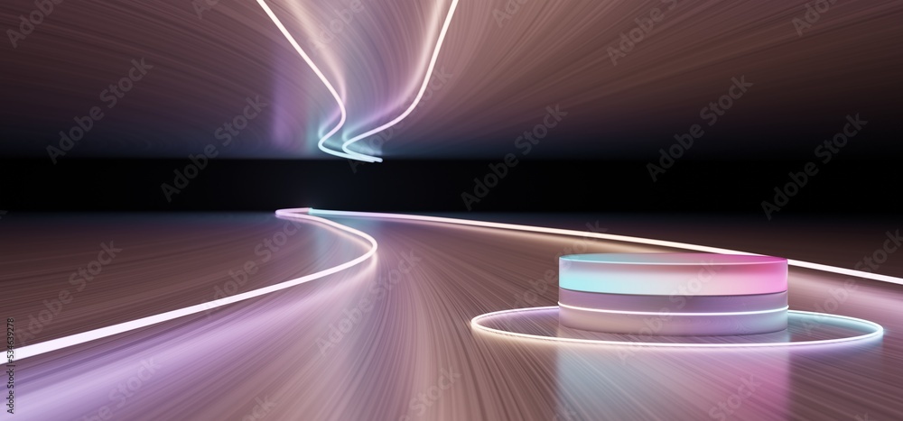 Poster 3d rendering neon display stand products colored luminous geometric podium shape on a black backgrou