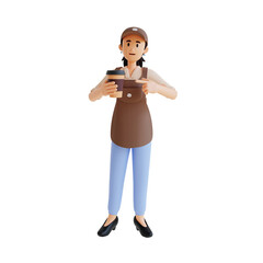 female barista pointing at her cup of coffee 3d character illustration