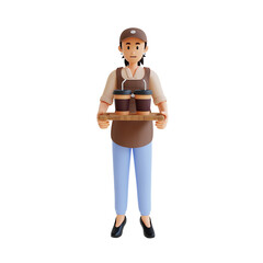 female barista carrying coffee orders 3d character illustration