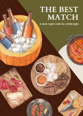 Poster template with bonfire party concept,watercolor style
