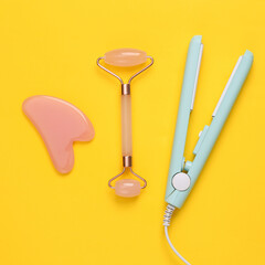 Beauty care accessories on a yellow background. Flat lay composition