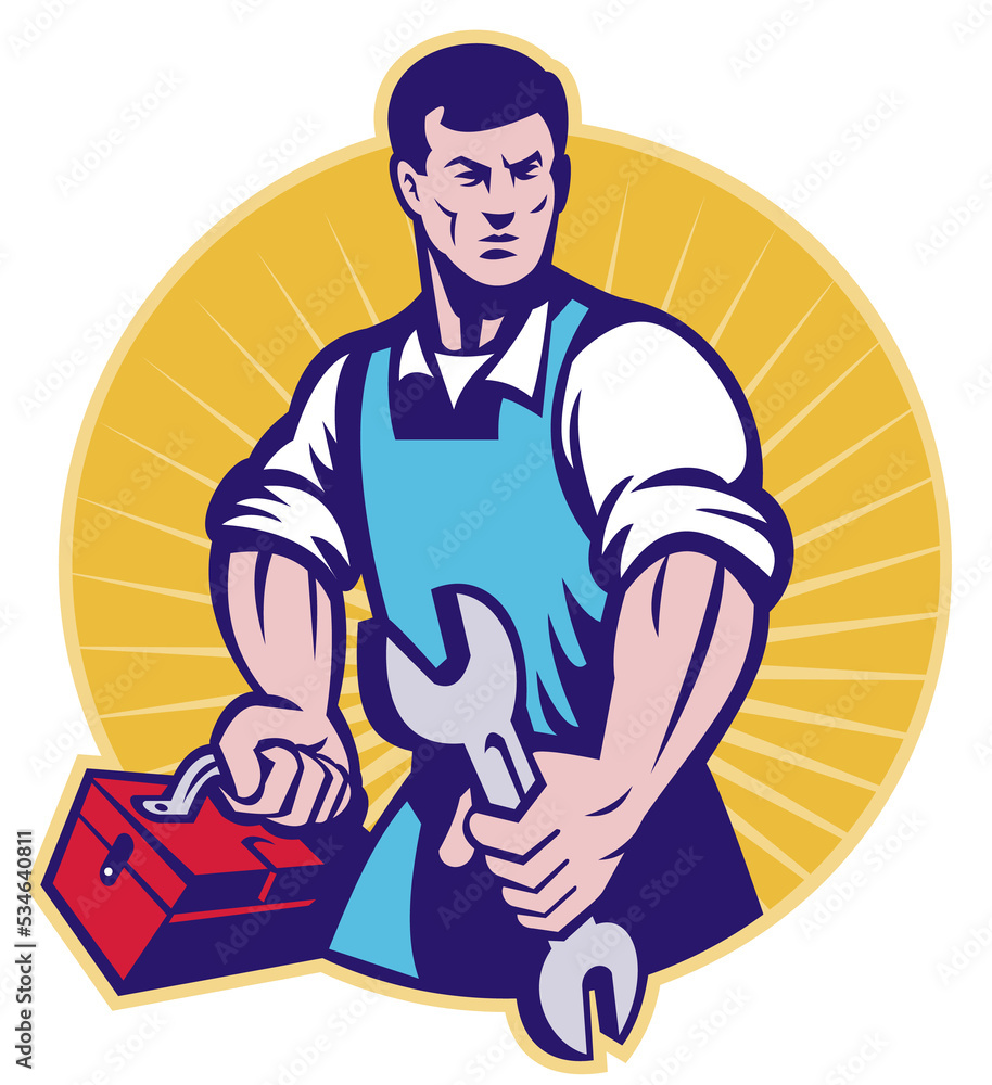 Poster illustration of a mechanic with toolbox and wrench spanner done in retro style set inside a circle w