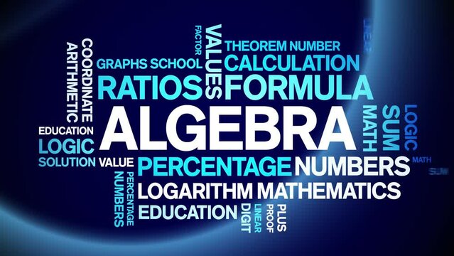 Algebra animated tag word cloud;text design animation kinetic typography seamless loop.