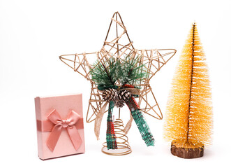 Fototapeta na wymiar Christmas concept. Gift box, christmas star and tree on white background