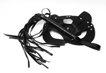 Leather whip with a mask isolated on a white background. BDSM set. Sex games - obrazy, fototapety, plakaty