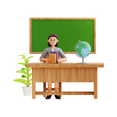 female teacher sitting while arranging books on the table 3d character illustration