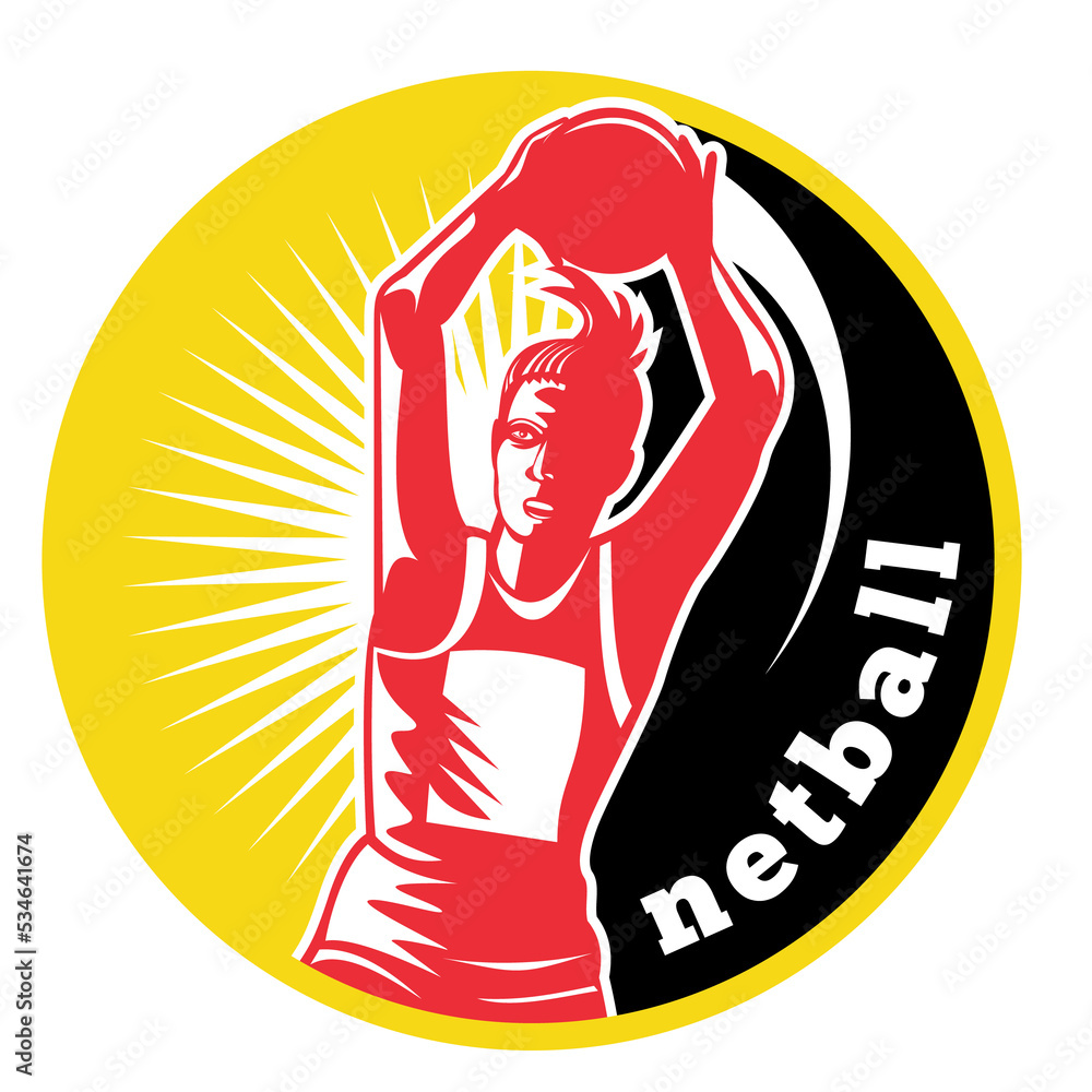 Poster illustration of a netball player passing ball ball set inside circle