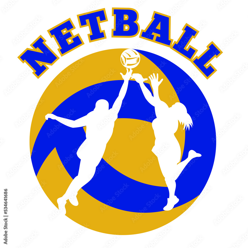 Poster illustration of a netball player jumping and rebounding for ball set inside circle and words 