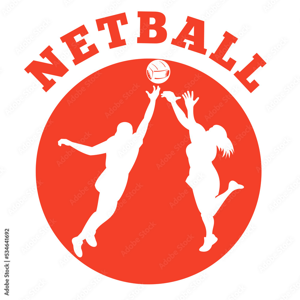 Poster illustration of a netball player jumping and rebounding for ball set inside circle and words 