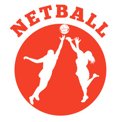 Obraz premium illustration of a netball player jumping and rebounding for ball set inside circle and words 