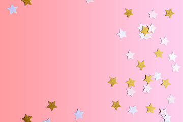 Gold and white star confetti, paper decorations on pink background. Flat lay, top view, copy space. Festive backdrop for your projects