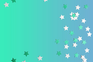 Teal and white star confetti, paper decorations on teal gradient background. Flat lay, top view, copy space. 