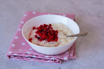 Milk rice porridge with cowberry topping. Breakfast concept. Horizontal arrangement. Side view.