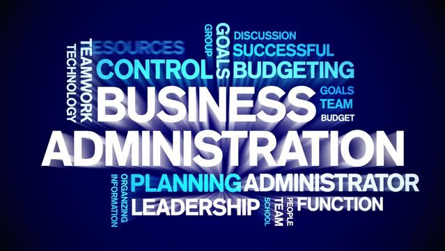 Business Administration animated tag word cloud;text design animation kinetic typography seamless loop.