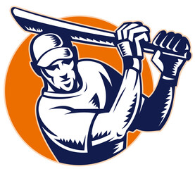 illustration of a cricket batsman batting front view woodcut retro style