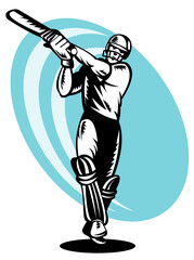 illustration of a cricket batsman batting front view done in retor woodcut style