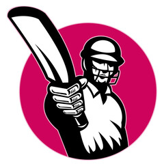 illustration of a cricket player batsman pointing his bat at you set in circle isolated on white