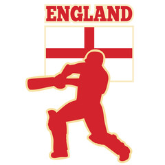 illustration of  silhouette of cricket batsman batting front view with flag of England