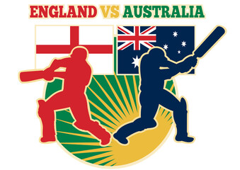 illustration of  silhouette of cricket batsman batting front view with flag of England and Australia in background