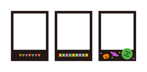 Fototapeta premium Photo frame with cute icon combination of Halloween day concept for autumn season. Label with 'trick ir treat' written on it, garland, flags, pumpkins and bats.