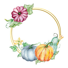 Golden round frame of watercolor pumpkins, flowers and leaves