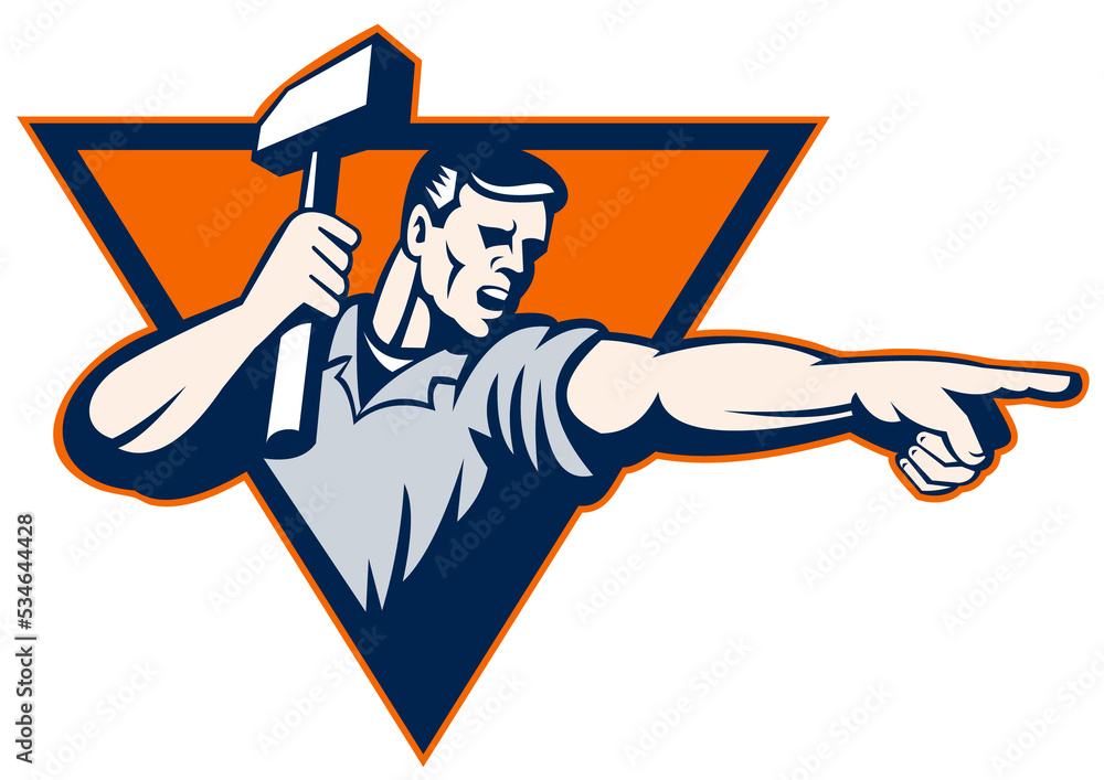 Poster illustration of a male worker with hammer pointing to side set inside a triangle done in retro style