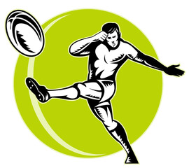 illustratoion of a rugby player kicking ball retro woodcut style.