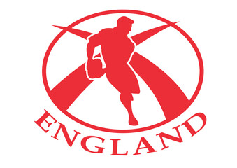 illustration of a rugby player passing the ball side view set inside oval or ball with English flag and words England