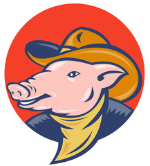 illustration of a pig with cowboy hat and bandana set inside a circle done in retro style.