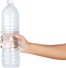 Hand holding water bottle.