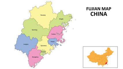 Fujian Map of China. State and district map of Fujian. Detailed colorful map of Fujian.