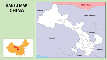 Gansu Map of China. State and district map of Gansu. Political map of Gansu with outline and black and white design.