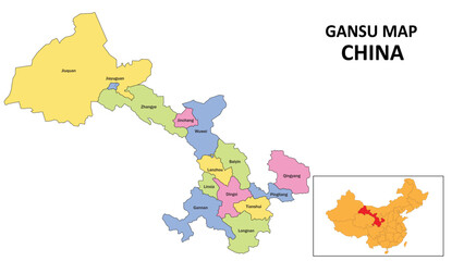 Gansu Map of China. State and district map of Gansu. Detailed colorful map of Gansu.