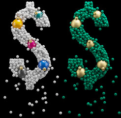 Christmas toy font. Snowball, foam. Dollar symbol