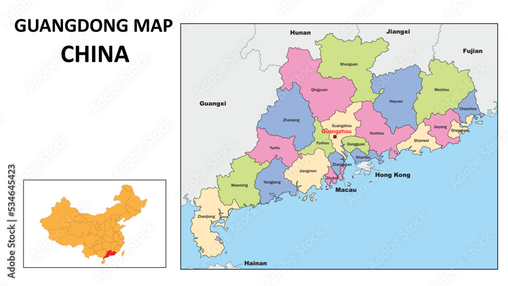 Poster Guangdong Map of China. State and district map of Guangdong. Political map of Guangdong with country capital.