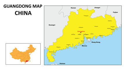 Obraz premium Guangdong Map of China. Major city map of Guangdong. Political map of Guangdong with country capital.