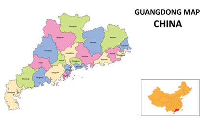 Guangdong Map of China. State and district map of Guangdong. Detailed colorful map of Guangdong.