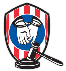 Gavel handcuff hand American stripes shield