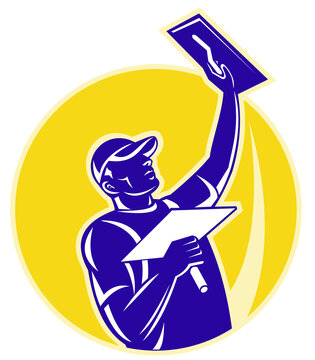 recommend clip art: illustration of a tradesman worker plasterer at work done in retro style set inside a circle