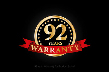 92 years warranty golden logo with ring and red ribbon isolated on black background, vector design for product warranty, guarantee, service, corporate, and your business.